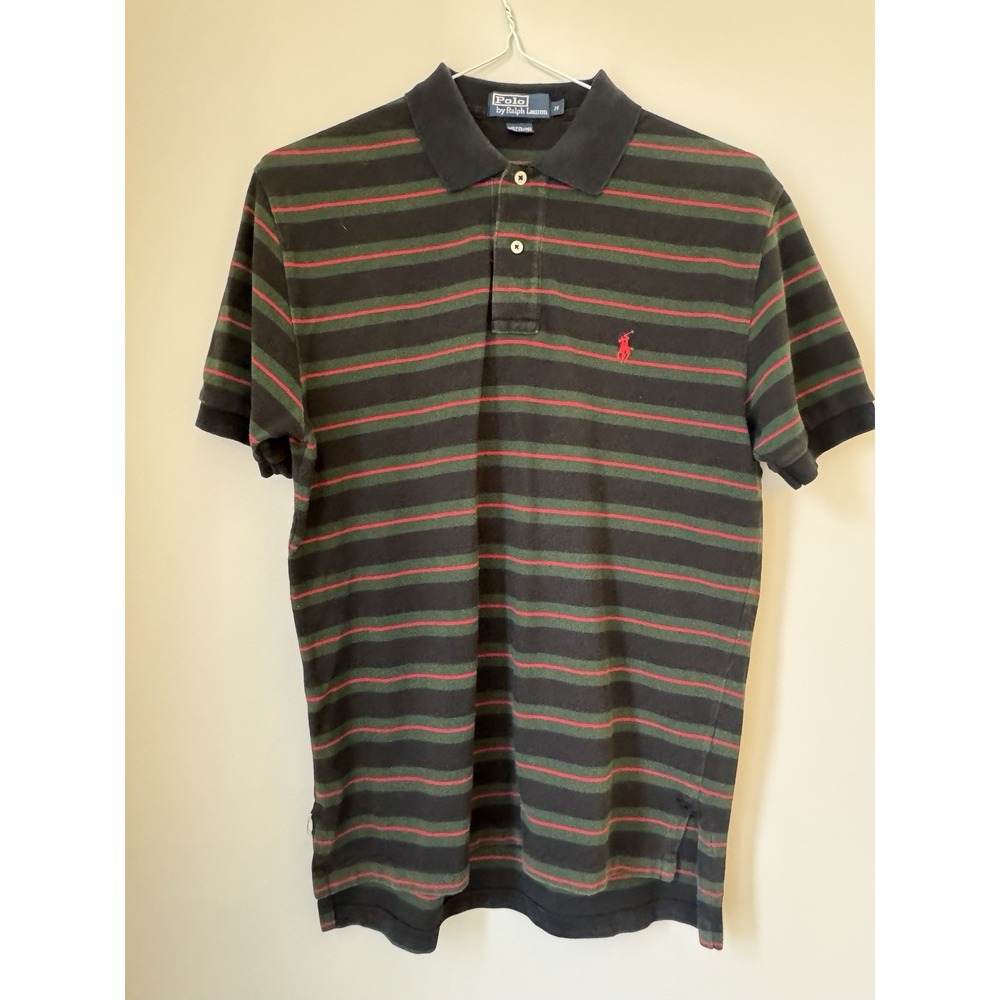 Vintage Ralph Lauren Mens M Short Sleeve Black  and Green Stripe Red Pony Polo